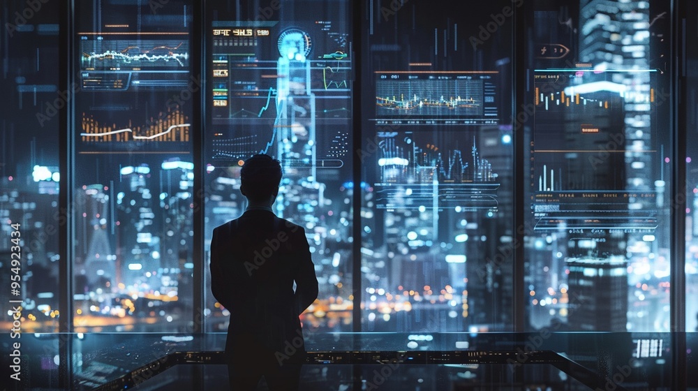 Financial expert reviewing economic reports virtual data screens showing detailed analytics Financial expert reviewing economic reports virtual data screens showing detailed analytics