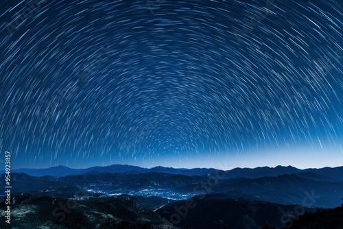 movement of stars in the night sky with the view of mountains , ai