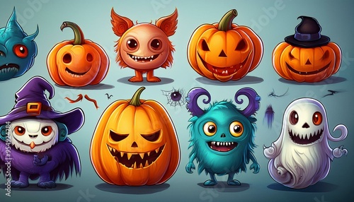 Set of Halloween Monsters and Characters in Cartoon Style