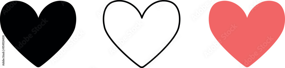 Collection of heart. Love symbol icon set on white background. Black, white and red. Collection of heart. Love symbol icon set on white background. Black, white and red.