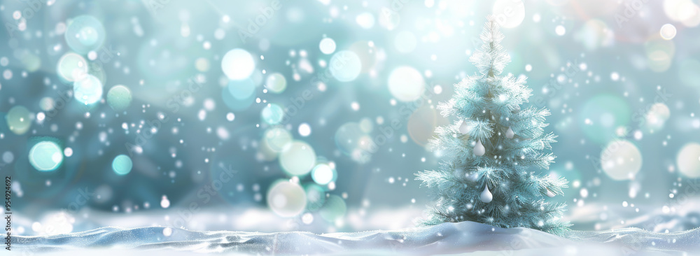 Snow covered festive Christmas tree bokeh effect, and blurred light particles and sparkles. A banner with copy space for a festive design Snow covered festive Christmas tree bokeh effect, and blurred light particles and sparkles. A banner with copy space for a festive design