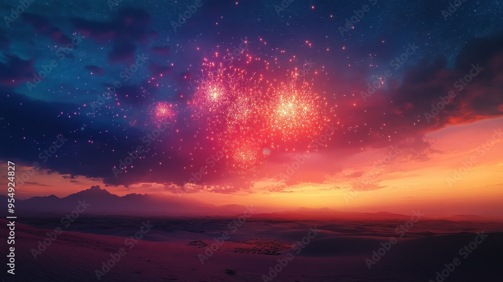Breathtaking Fireworks Display Over Scenic Landscape Breathtaking Fireworks Display Over Scenic Landscape
