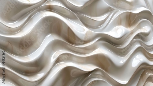 Flowing waves of creamy white texture create an elegant backdrop for a serene aesthetic in soft lighting. Generative AI