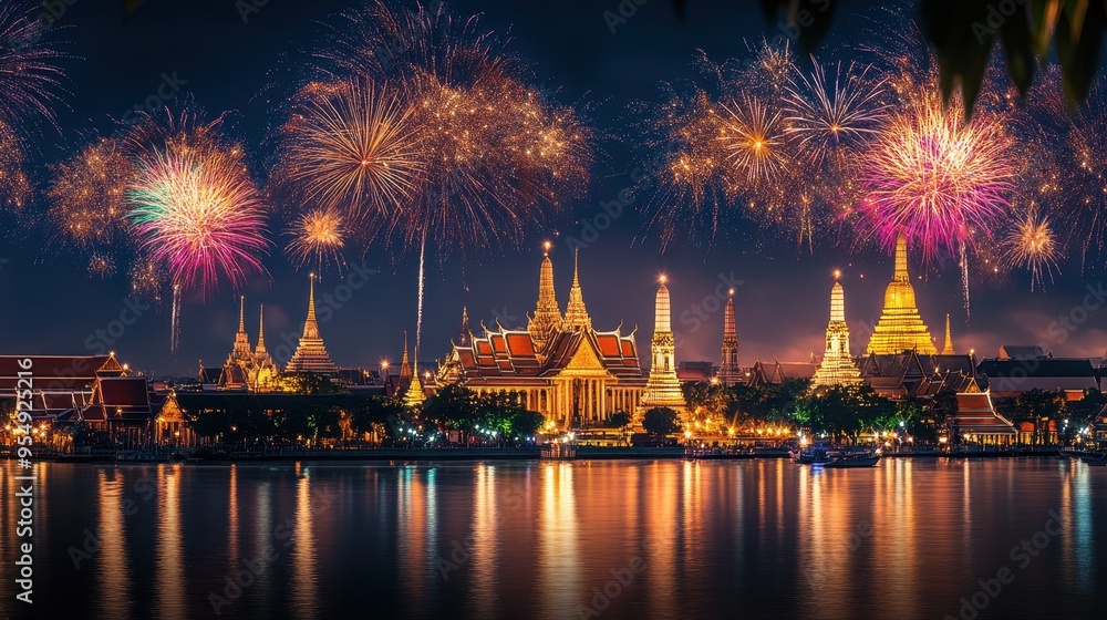 Fototapeta premium Vibrant Fireworks Illuminate the Majestic Temples of Bangkok, Thailand