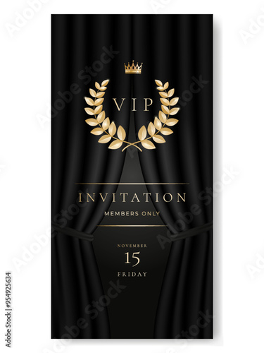 VIP invitation card, banner or flyer with golden elements and black curtain. Luxury premium design set for event invite, celebration party, formal reception.
