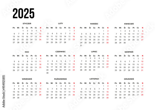 calendar 2025 in Polish language. Vector