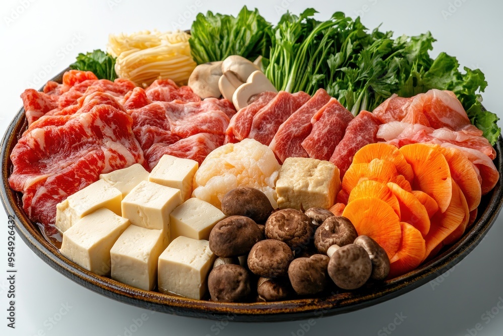 Raw Ingredients for Japanese Hot Pot with Beef, Tofu, Mushrooms, and Vegetables Raw Ingredients for Japanese Hot Pot with Beef, Tofu, Mushrooms, and Vegetables