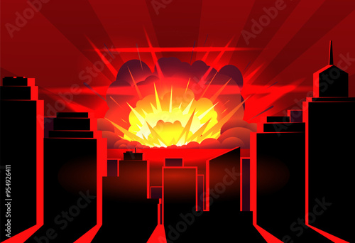 Nuclear explosion in city. Devastating outbreak with fire and smoke. Bomb detonation. Mass destruction weapons. Atomic disaster. Shadows from skyscrapers. War cityscape vector concept