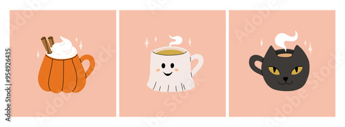 Vector collection of cute Halloween mugs. Hot cocoa with marshmallow, coffee and tea cups with cute faces, ghost, pumpkin, witch black cat and skull. Flat cartoon illustration on pink background