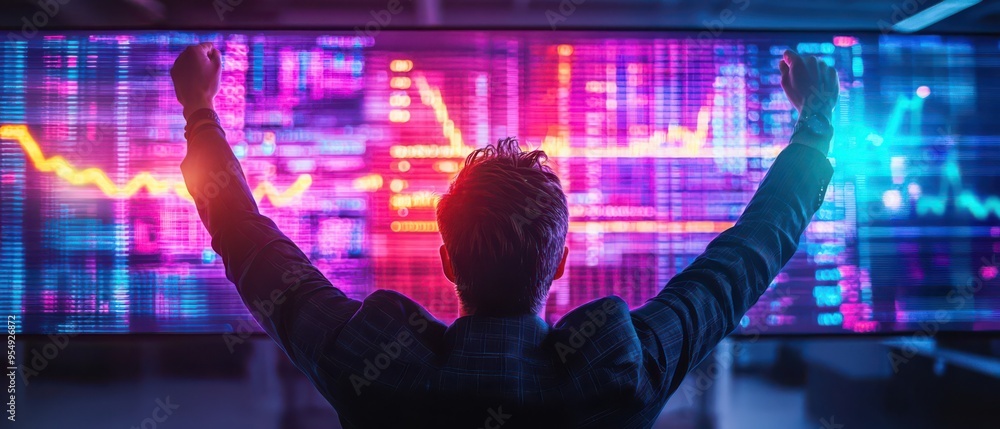 Professional celebrates success in front of a digital screen displaying colorful financial data and analytics. Professional celebrates success in front of a digital screen displaying colorful financial data and analytics.