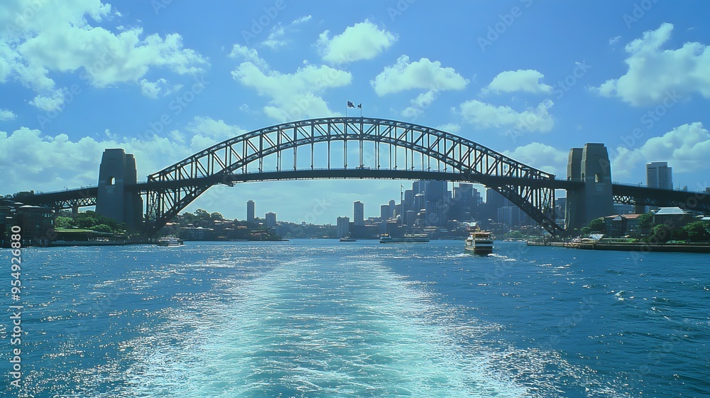 Fototapeta premium 111. **Show the Sydney Harbour Bridge with its grand arch spanning the harbor and the city skyline in the distance.**