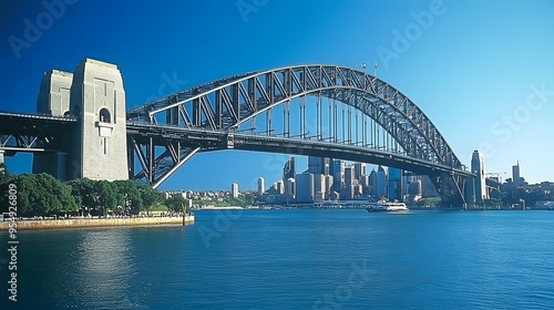 111. **Show the Sydney Harbour Bridge with its grand arch spanning the harbor and the city skyline in the distance.** photo