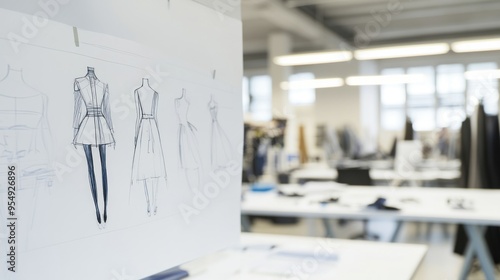 Clothing design studio with sketch drawing concept on white board. large tailor's desk mannequins numerous sketches pinned on wall sewing machines tailoring items and half-finished garments on rails