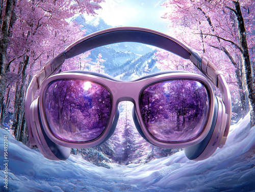 A serene landscape featuring pink trees, highlighting stylish headphones reflecting a magical winter scene. photo