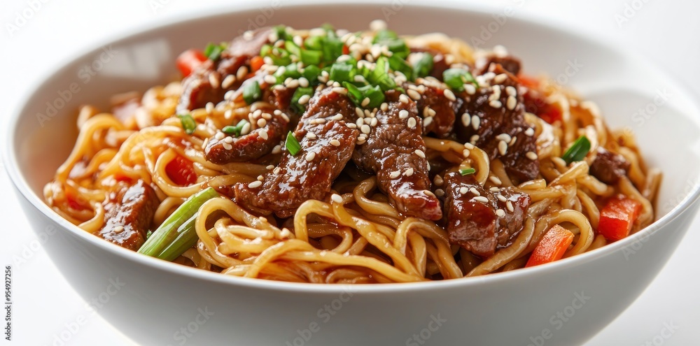 Beef and Noodle Stir-Fry with Sesame Seeds and Green Onions Beef and Noodle Stir-Fry with Sesame Seeds and Green Onions