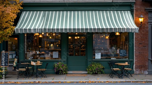 Charming street cafe with striped awning and outdoor seating in autumn