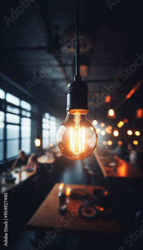 Close-up photo of a glowing light bulb hanging in a dark room