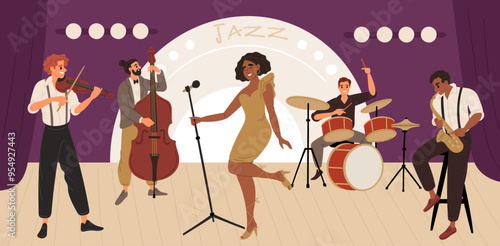 Jazz band concert. Musicians perform compositions on stage. Vocalist singing. Double bass player. Saxophonist and violinist. Musical instruments. Music performance. Garish vector concept