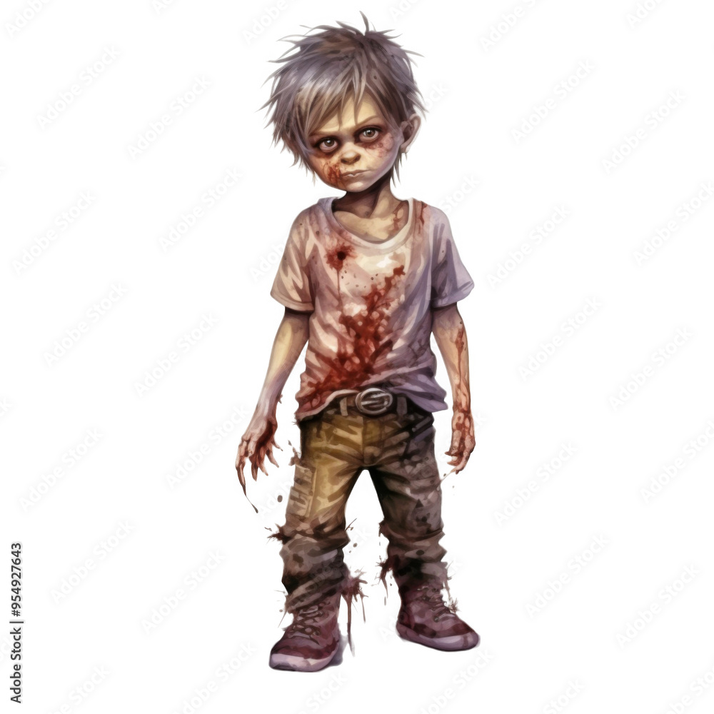 A Bloodied Young Boy Stands with a Disturbed Expression A Bloodied Young Boy Stands with a Disturbed Expression