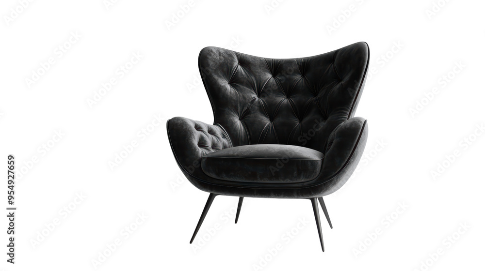A luxurious black velvet armchair, with a deep buttoned design, stands as a statement piece, radiating an aura of sophistication and comfort. A luxurious black velvet armchair, with a deep buttoned design, stands as a statement piece, radiating an aura of sophistication and comfort.