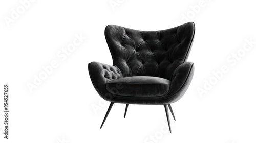 A luxurious black velvet armchair, with a deep buttoned design, stands as a statement piece, radiating an aura of sophistication and comfort. 