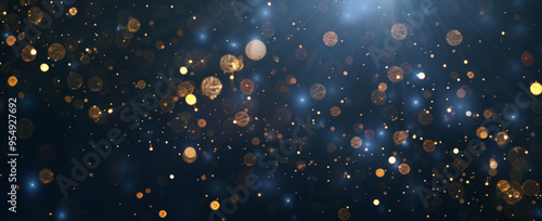 Dark blue festive background with sparkling golden bokeh lights, stars, and sparkles. Abstract dark night sky. Background for a celebration or party. Banner, copy space concept. Christmas scene.
