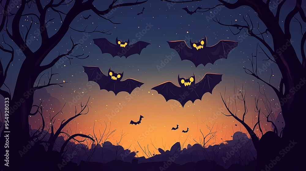 A captivating scene of bats with glowing yellow eyes, flying in a night sky above a dark forest, creating a haunting and mysterious atmosphere perfect for Halloween themes. A captivating scene of bats with glowing yellow eyes, flying in a night sky above a dark forest, creating a haunting and mysterious atmosphere perfect for Halloween themes.
