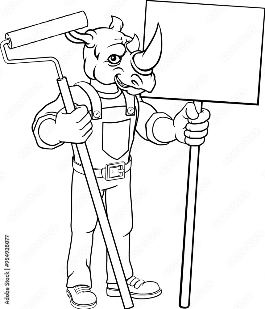 A rhino painter decorator handyman cartoon construction man mascot character holding a paint roller tool A rhino painter decorator handyman cartoon construction man mascot character holding a paint roller tool