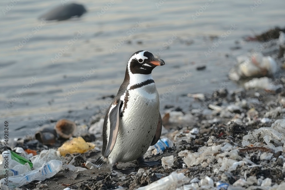 Obraz premium A Magellanic Penguin Standing on a Beach Covered in Plastic Pollution