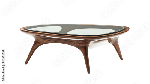 A modern wooden coffee table with a glass top, perfect for a stylish living room. The table's unique shape and warm wood tones create a sophisticated and inviting atmosphere. 