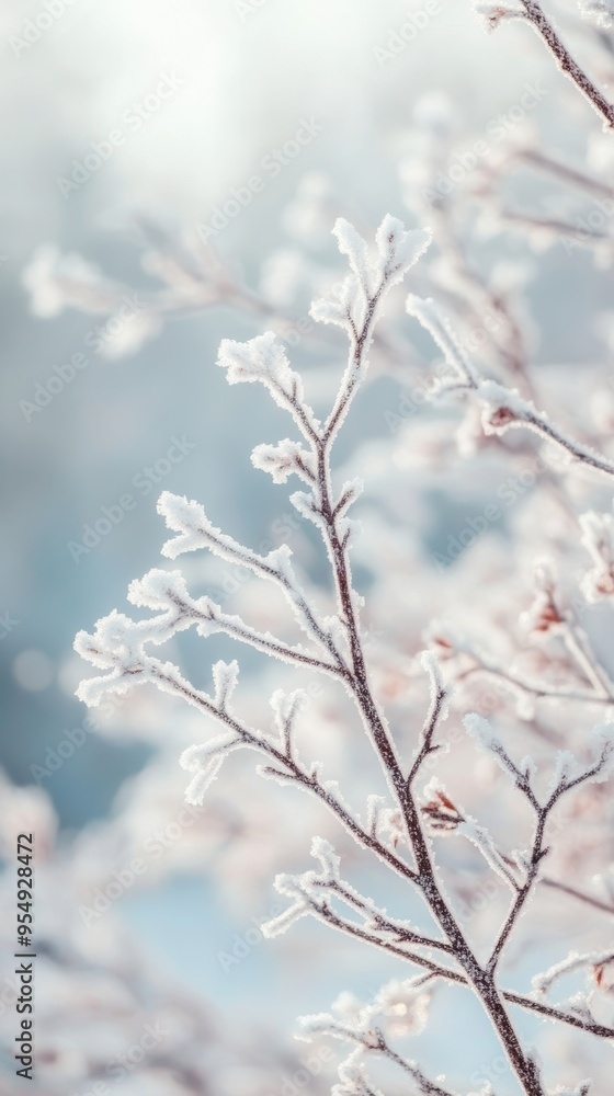A close-up of frost-covered branches against a soft snowy background A close-up of frost-covered branches against a soft snowy background