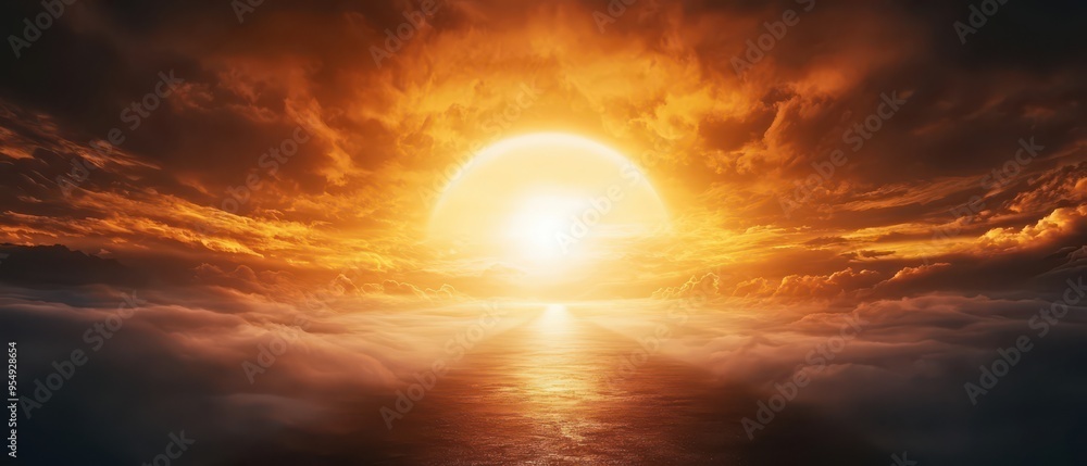 Sunset over the ocean, with vibrant colors illuminating the sky and water, creating a serene and peaceful atmosphere. Sunset over the ocean, with vibrant colors illuminating the sky and water, creating a serene and peaceful atmosphere.