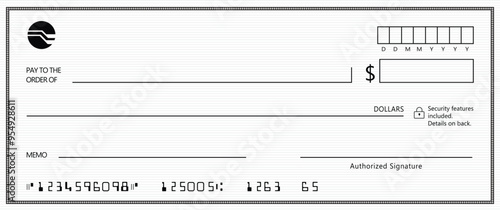 Empty money cheque. Bank check. check book template with pattern and blank fields. Currency payment coupon, US dollar check background.