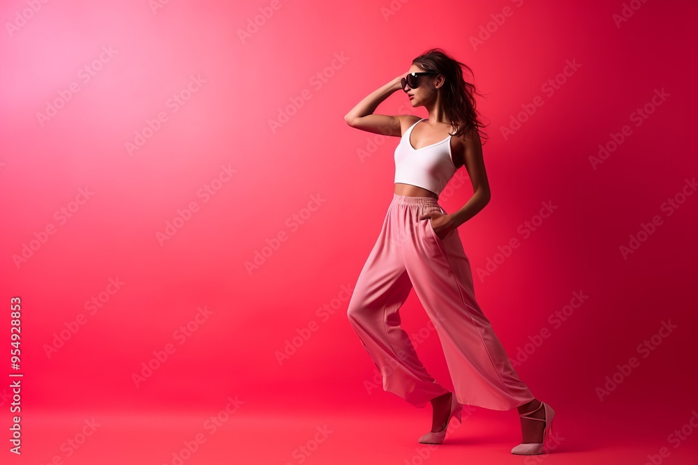 Young active woman dancing in studio against red background Young active woman dancing in studio against red background