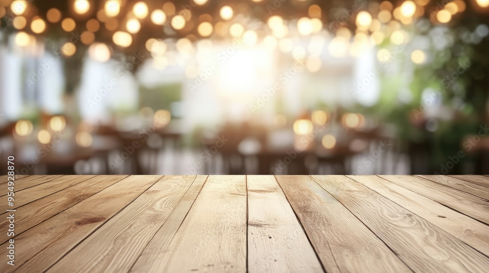 Wooden table top with blurry background. Ideal for showcasing products in a cozy cafe setting. Wooden table top with blurry background. Ideal for showcasing products in a cozy cafe setting.