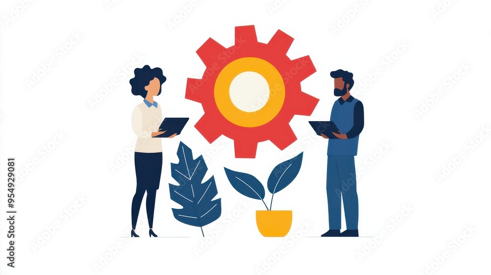 Group of employees working together on performance improvement, teamwork, flat design illustration Group of employees working together on performance improvement, teamwork, flat design illustration