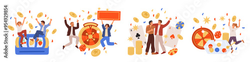 Gambling enthusiasts. Fortune favorites. Winners are happy to win. People making bets. Casino games. Roulette jackpot. Slot machines. Gamblers success. Lucky chips. Garish vector set