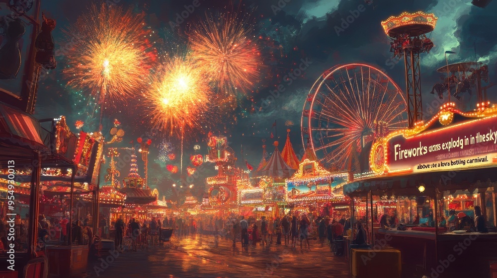 Fototapeta premium Vibrant Fireworks Display at Carnival Fairground on a Lively Night