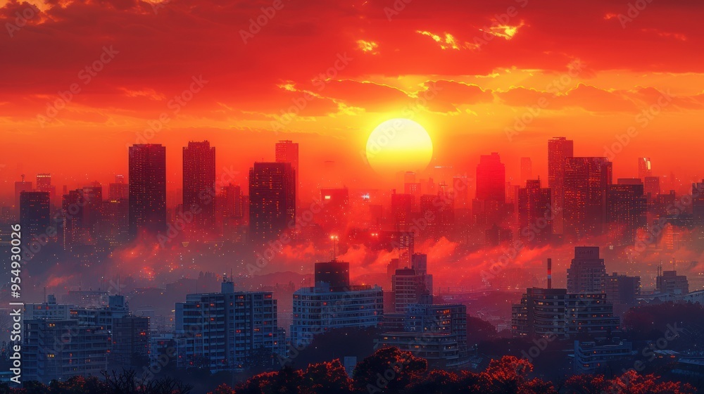 Fototapeta premium A breathtaking sunset illuminates the skyline of a bustling city, casting vibrant hues of orange and red across the horizon. Generative AI
