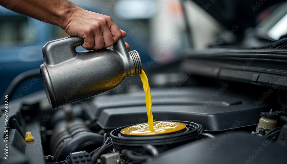 Close- up of mechanic pours motor oil while doing car engine maintenance at auto repair shop.
Close- up of mechanic pours motor oil while doing car engine maintenance at auto repair shop.
