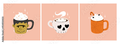 Vector collection of cute Halloween mugs. Hot cocoa with marshmallow, coffee and tea cups with cute faces, ghost, pumpkin, witch black cat and skull. Flat cartoon illustration on pink background