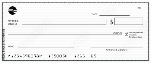 Empty money cheque. Bank check. check book template with pattern and blank fields. Currency payment coupon, US dollar check background.