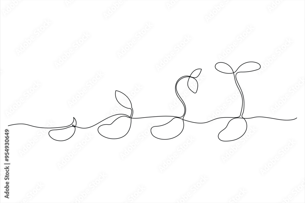 Fototapeta Continuous one line drawing of plant growth processing from seed outline vector art illustration 
