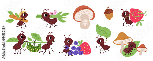 Cute ants. Funny insects work and get food. Arthropods carry caterpillars and fruits to anthill. Organized community. Natural creatures. Cartoon pismire characters. Garish vector set