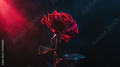 Fototapeta Naklejka Na Ścianę i Meble -  A single red rose illuminated by an eerie red backlight in hellish darkness, casting a haunting, high-angle shadow.
