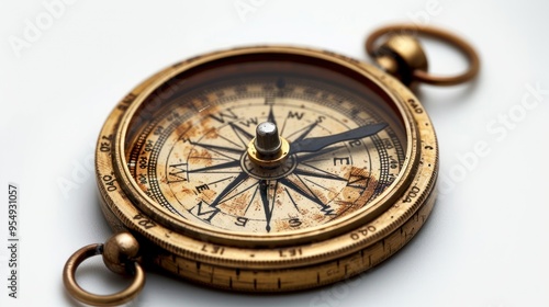 An antique brass compass resting on a smooth surface, reflecting light and hinting at forgotten journeys. Generative AI