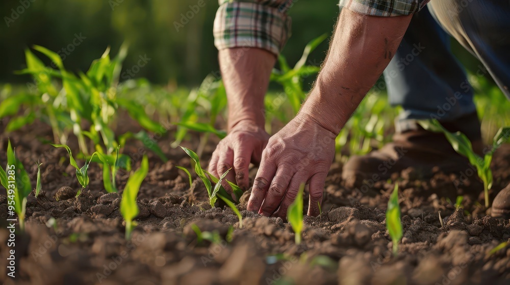 agricultural scene farmer inspecting young corn plants in field closeup of hands touching green shoots represents growth sustainability and connection to the land agricultural scene farmer inspecting young corn plants in field closeup of hands touching green shoots represents growth sustainability and connection to the land