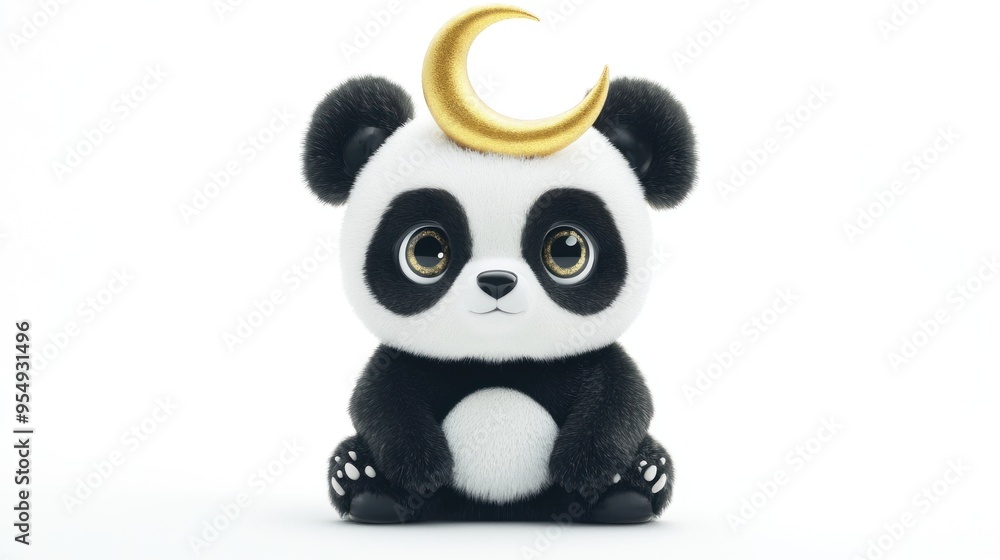 Fototapeta premium Cute Panda with Golden Crescent Moon