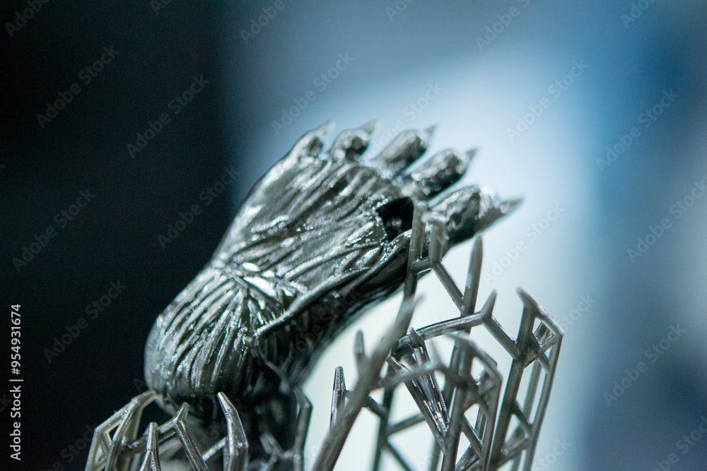 Model of leg printed on a 3D printer from black rubber, close-up. Part of an object created on a 3D printer from hardened rubber under the influence of ultraviolet light. SLA 3D printing technology. Model of leg printed on a 3D printer from black rubber, close-up. Part of an object created on a 3D printer from hardened rubber under the influence of ultraviolet light. SLA 3D printing technology.
