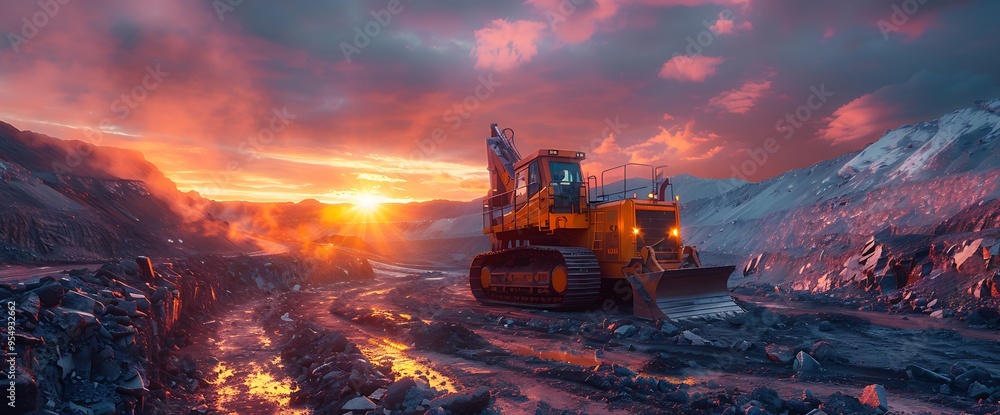 Excavator working at a mine during sunset. Excavator working at a mine during sunset.
